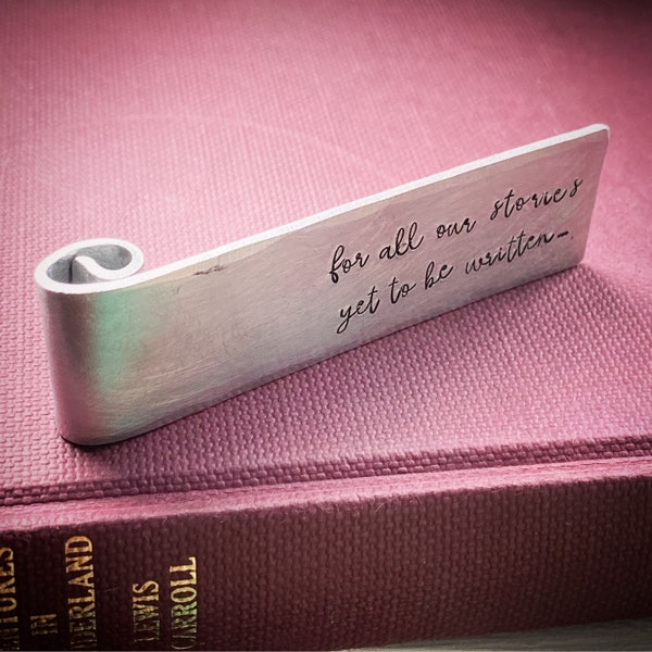 For All Our Stories Yet To Be Written bookmark. Unique Aluminium Tin traditional 10th ten year wedding anniversary gift for him her