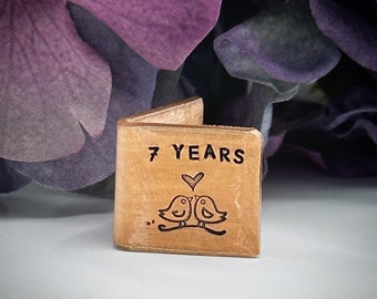 PERSONALISED Love Birds Traditional 7th 9th 22nd copper wedding anniversary card keepsake. Miniature cute hand stamped initials & date