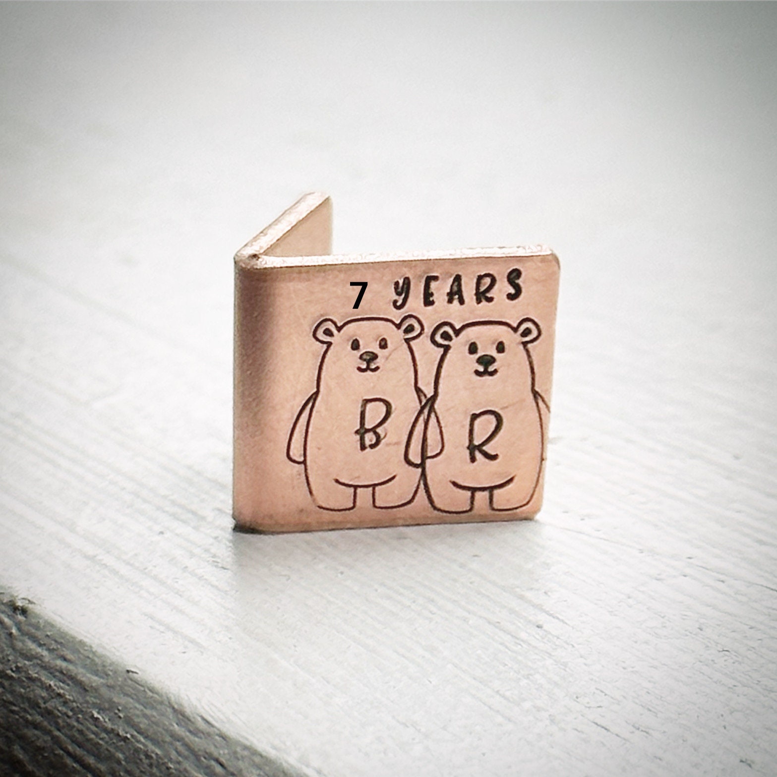PERSONALISED Traditional 7th 9th 22nd copper wedding anniversary card keepsake. Extra small miniature cute hand stamped initials and date