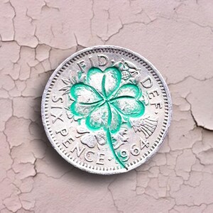 Sixpence Penny Shamrock Four Leaf Clover coin charm Pocket token. Wedding Exam Travel New Driver Army gift keepsake