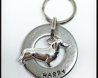 Dachshund Double sided Pet ID charm tag. Personalised name and number sausage dog tag. Hand stamped washer.