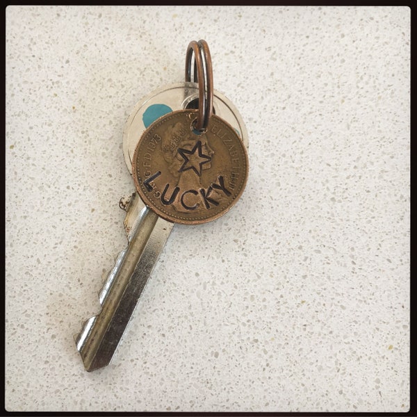 LUCKY PENNY keychain. Hand stamped british coin. Keyring gift. New job, exams, traveling