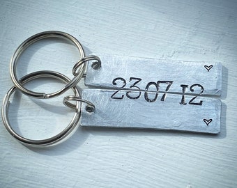 Reclaimed aluminium special date Hand stamped 10th tin wedding Anniversary matching couples gift keychain. key rings