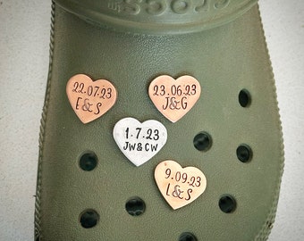 PERSONALISED love heart croc couples initials Shoe charm Jibbitz clog charm Hand stamped sandal tag Copper 7th 9th wedding anniversary gift