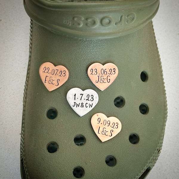 PERSONALISED love heart croc couples initials Shoe charm Jibbitz clog charm Hand stamped sandal tag Copper 7th 9th wedding anniversary gift