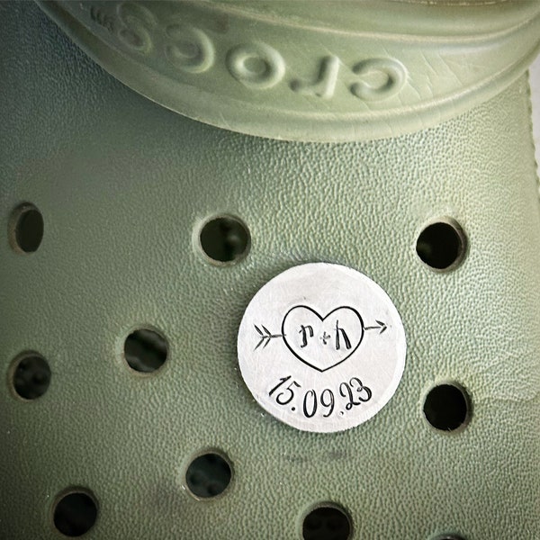 PERSONALISED heart croc couples initials and date Shoe charm Jibbitz clog charm Hand stamped sandal tag aluminium wedding anniversary gift