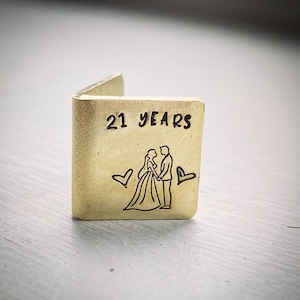 PERSONALISED Traditional 21st brass wedding anniversary card keepsake. Extra small miniature cute hand stamped initials and date image 2