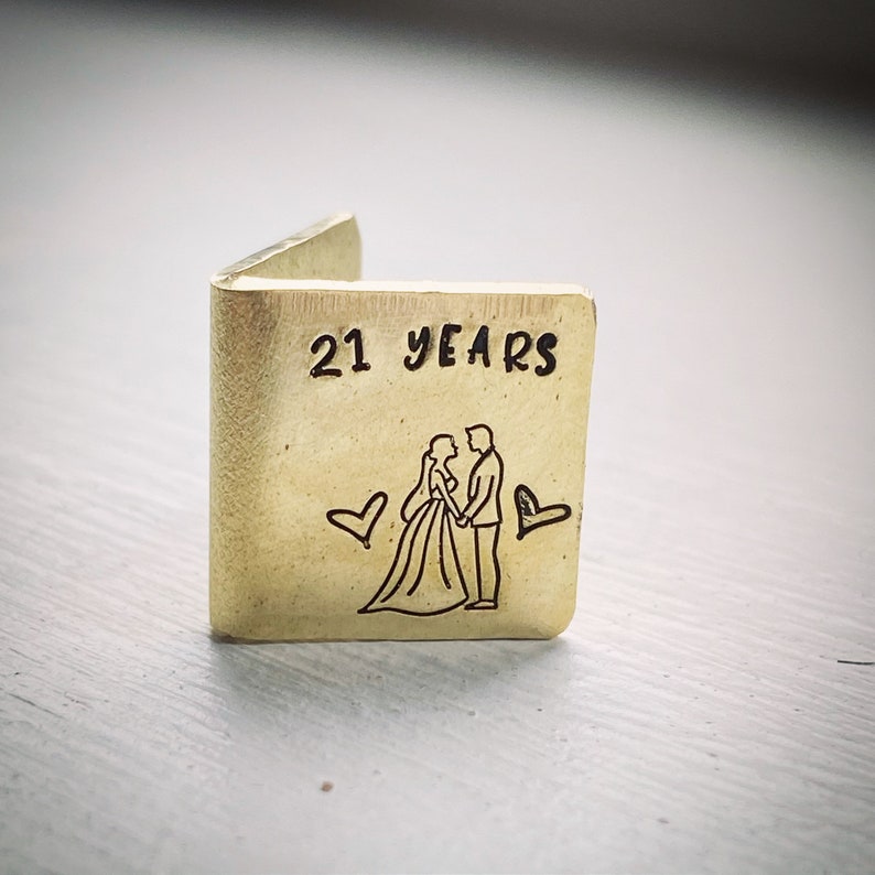 PERSONALISED Traditional 21st brass wedding anniversary card keepsake. Extra small miniature cute hand stamped initials and date image 2