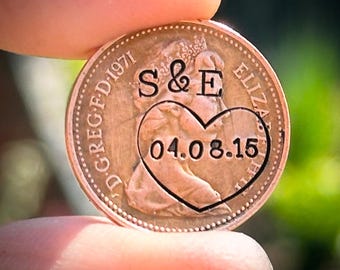 PERSONALISED 7th 9th 22nd copper wedding anniversary special date LUCKY PENNY. Hand stamped british coin Love heart Husband wife token