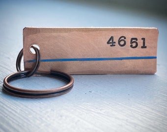 Blue Line PERSONALISED Police Officer Law Enforcement Hand stamped copper keychain Anniversary Birthday graduation gift