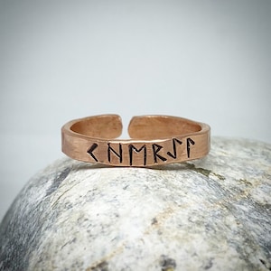 Personalised Name Viking Runes Elder Futhark Hand stamped Copper ring, thumb ring. Hand crafted hammered unique Norse gift