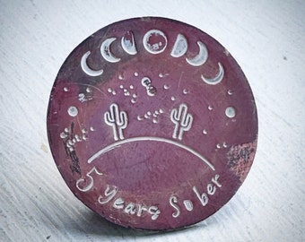 Personalised Desert Cactus Moon Phase Sobriety Recovery token, chip gift. Custom hand stamped Sober, alcohol free. Talisman.
