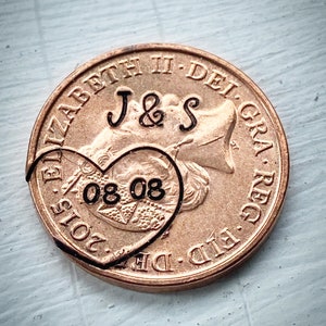 PERSONALISED 7th wedding anniversary special date 2017 LUCKY PENNY. Hand stamped british coin. Love heart Husband wife  token