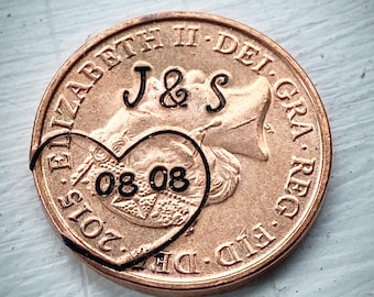 PERSONALISED 7th wedding anniversary special date 2017 LUCKY PENNY. Hand stamped british coin. Love heart Husband wife  token