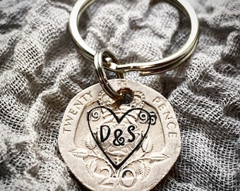 20th wedding anniversary Hand stamped british coin. Keepsake. Love heart and initials. Husband, wife. 20p