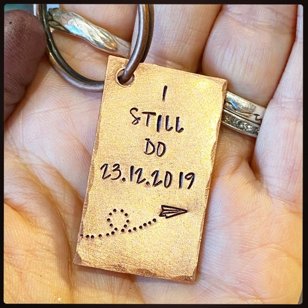 I STILL DO. Personalised 1st Wedding paper Anniversary gift. Hand stamped keychain. Copper key ring. Paper plane