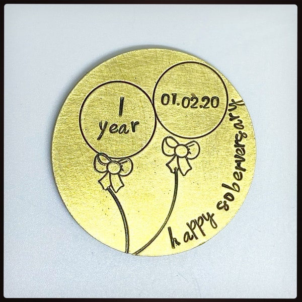 Personalised happy Soberversary. Sobriety Birthday. Recovery token, chip gift. Custom hand stamped Sober, alcohol free. Medallion
