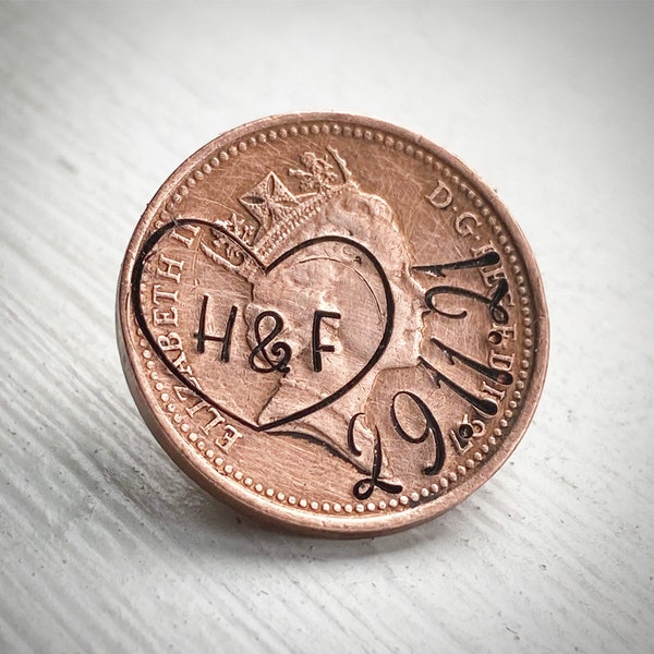 PERSONALISED wedding anniversary 1p LUCKY PENNY. Hand stamped traditional 7th 9th 22nd copper coin. Keepsake token. Date and initials