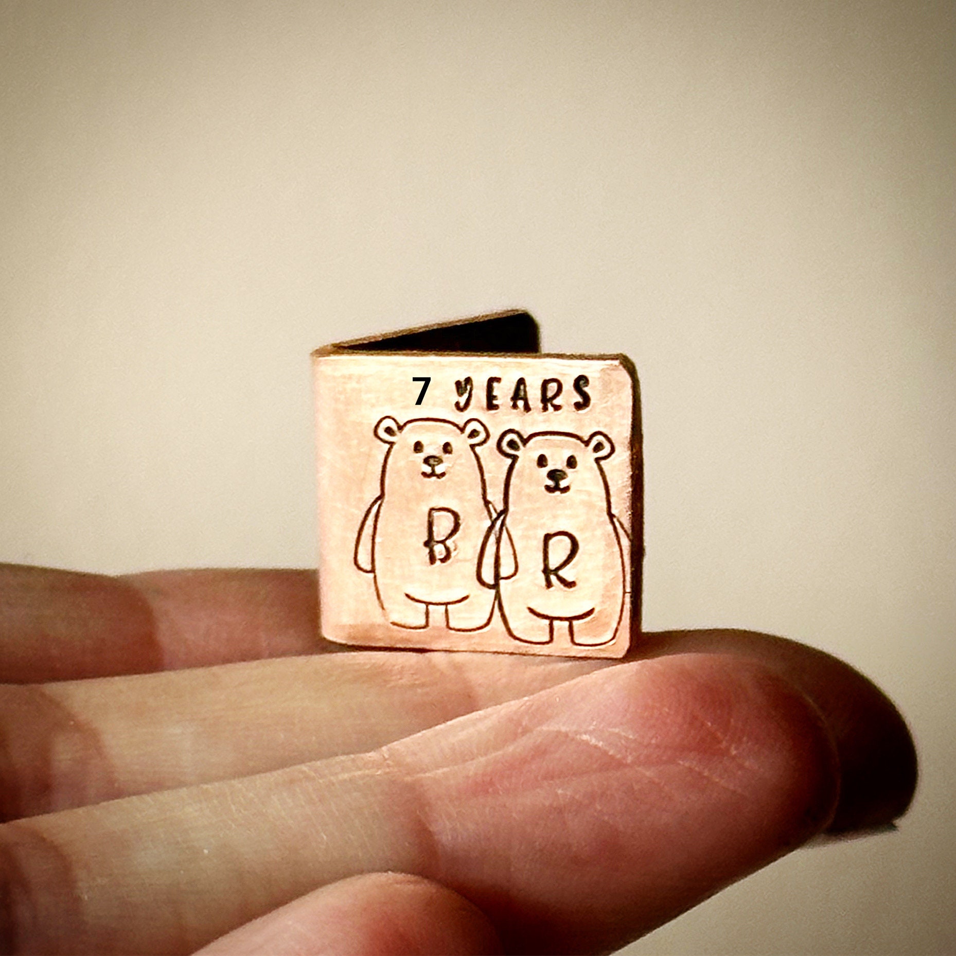PERSONALISED Traditional 7th 9th 22nd copper wedding anniversary card keepsake. Extra small miniature cute hand stamped initials and date