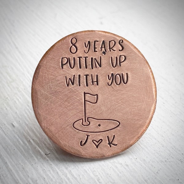 PERSONALISED Traditional 8th wedding anniversary Gift for him her Golf ball marker. Bronze 8 year gift. Funny keepsake. Couples initials