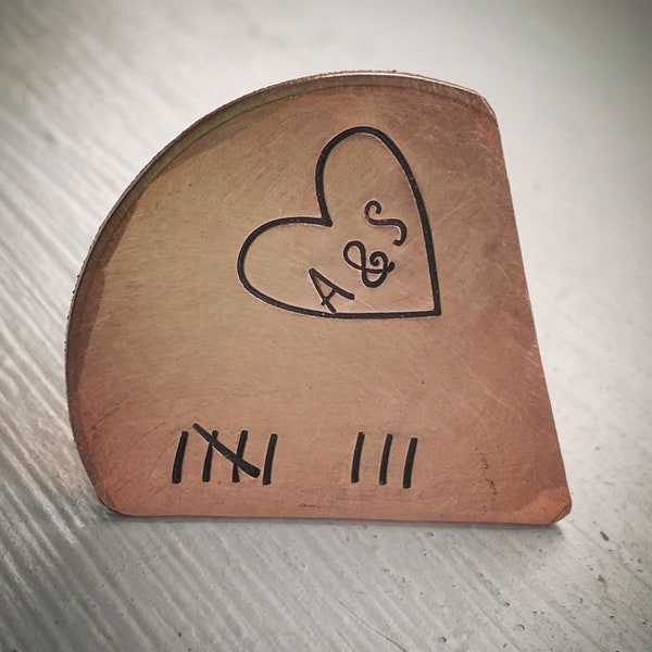 8 year tally hash mark PERSONALISED Hand stamped bronze plectrum Guitar pick 8th 19th Wedding Anniversary present Gift for him her initials