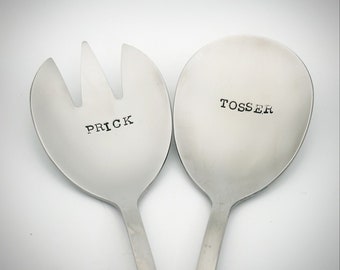 Funny Rude PRICK TOSSER salad servers Hand stamped spoon fork. Wedding anniversary Christmas Birthday Housewarming Gift New cutlery