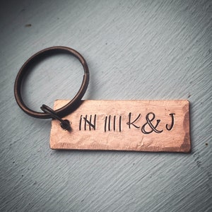 Reclaimed copper tally hash mark Hand stamped 9th traditional wedding Anniversary gift keychain. key ring. Gift Personalised initials