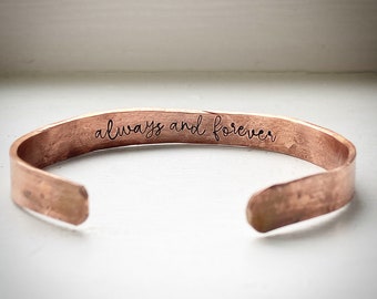 PERSONALISED copper Hand stamped bracelet cuff bangle. Anniversary birthday Husband Wife Girlfriend Boyfriend gift Hidden message