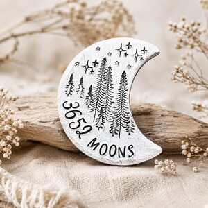 10 year Wedding Anniversary unusual gift. Aluminium Tin Hand stamped traditional 10th gift pocket token coin Personalised Crescent moon