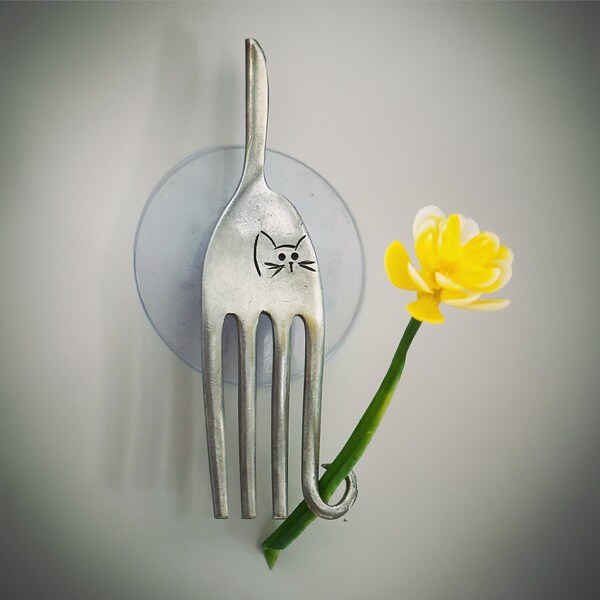 Vintage Fork cat kitten lover flatware flower Kitchen Bathroom Wall Window Glass Door Hanger Unique suction hanging Housewarming gift