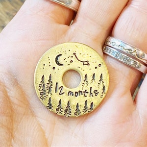 Puede incluir: Un colgante redondo de metal dorado con un agujero central. El colgante presenta dise&ntilde;os grabados de una luna creciente, estrellas, una constelaci&oacute;n y un bosque de &aacute;rboles. El texto "12 months" est&aacute; grabado debajo de los &aacute;rboles.