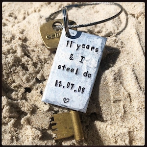 Personalised 11 Years and I STEEL DO. Hand stamped 11th Wedding Anniversary gift. keychain. key ring. Gift for her, him