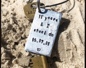 Personalised 11 Years and I STEEL DO. Hand stamped 11th Wedding Anniversary gift. keychain. key ring. Gift for her, him