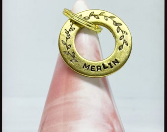 Double sided spinner Pet ID tag. Personalised name and number dog, cat tag. Hand stamped washer. Horse tag