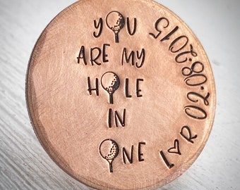 PERSONALISED Traditional 7th wedding anniversary Gift for him her Golf ball marker. Copper 7 year gift. Funny keepsake. Couples initials