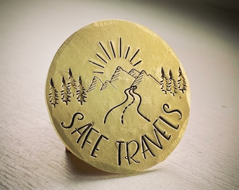 PERSONALISED Safe Travels pocket coin token.  Backpacking, travelling, road trip, journey good luck lucky coin