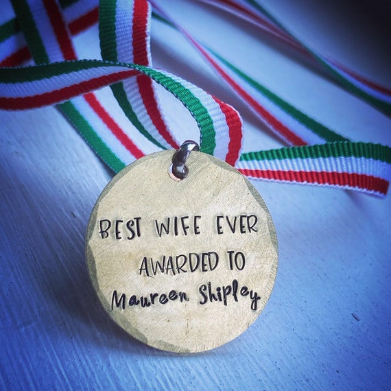 Personalised Hand Stamped Gold Medal Award. Wedding Anniversary