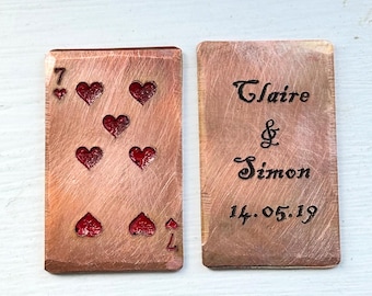 7 de Corazones. Recuerdo personalizado de metal de cobre para aniversario de bodas, doble cara. Regalo personalizado grabado para el 7.º aniversario.