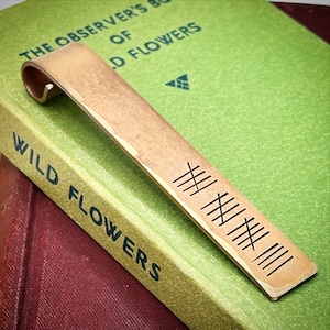 Può includere: Un segnalibro in ottone con la parte superiore curva e segni di spunta neri. Poggia su un libro verde intitolato "The Observer's Book of Wild Flowers".