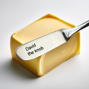Può includere: Un panetto di burro giallo con un coltello da burro argentato. Il coltello ha le parole "David the knob" stampate sopra. Il burro è su una superficie bianca.