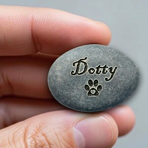 May include: A gray, oval-shaped stone with the name "Dotty" engraved in a decorative font. Below the name is a paw print with a heart in the center. The stone is held in a person's hand.