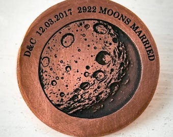 8 year Wedding Anniversary unusual gift. Reclaimed bronze traditional 8th gift pocket token coin Personalised moons married engraved
