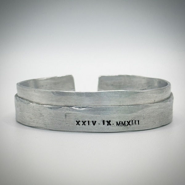 Personalised Roman Numerals 10 year Hand stamped Aluminium 10th wedding anniversary bracelet cuff bangle gift. Unique one of a kind jewelle