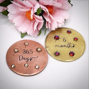 May include: Two circular metal tokens. One is copper-coloured and reads "365 Days" with starburst accents and clear crystals. The other is gold-toned, marked "6 months" with starburst accents and red crystals. A pink flower is in the background.