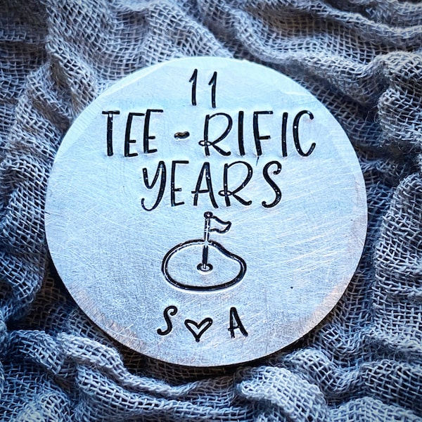 PERSONALISED 11th wedding anniversary Gift for him her Golf ball marker. 11 year gift. Funny keepsake. Couples initials. Golfing present
