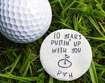 Hand stamped traditional 10th wedding anniversary Gift for him her Golf ball marker. 10 year keepsake funny personalised couples initials