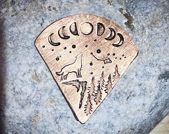 PERSONALISED Hand stamped copper plectrum.  Guitar pick. Anniversary, birthday Christmas Gift for him, her. Moon phase howling wolf