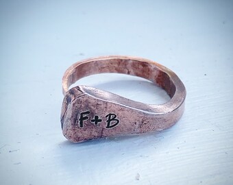 Handmade Horseshoe nail Prairie diamond Ring. Personalised hand stamped initials. Unisex equestrian copper wedding anniversary 7year gift