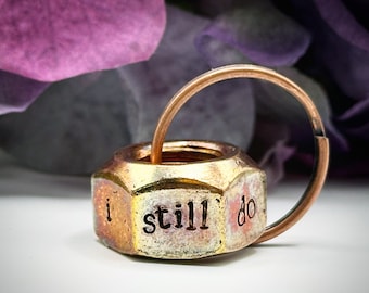 I Still Do. Hex nut 8 or 19 year tally hash mark Bronzed keychain Hand stamped 8th 19th traditional wedding Anniversary gift for Husband