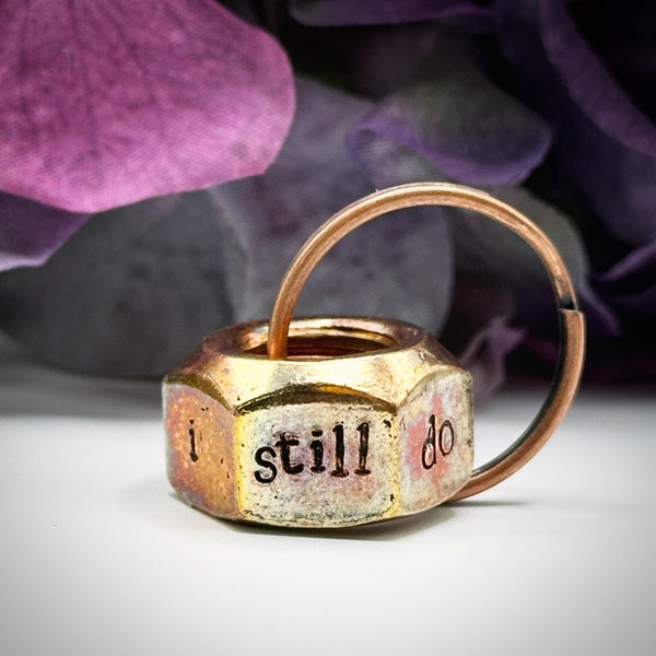 I Still Do. Hex nut 8 or 19 year tally hash mark Bronzed keychain Hand stamped 8th 19th traditional wedding Anniversary gift for Husband